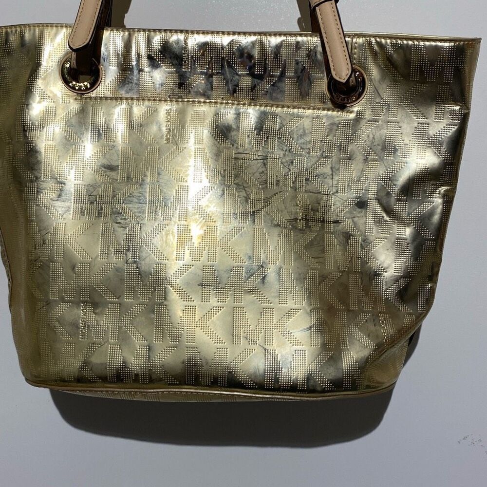 Michael Kors‎ Women's Gold Monogram Logo Metallic Mirror Jet Set Tote Bag Medium - Picture 6 of 16